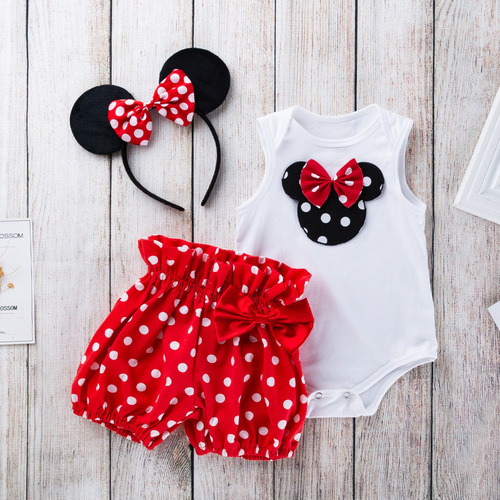 Cross-border children's clothing baby girl cartoon love white sleeveless blouse polka dot shorts suit baby holiday outfit new