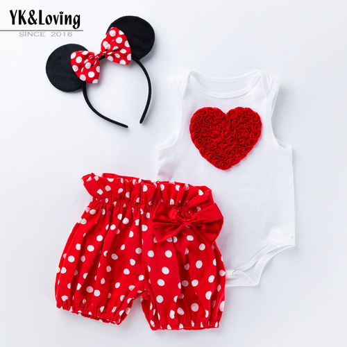 Cross-border children's clothing baby girl cartoon love white sleeveless blouse polka dot shorts suit baby holiday outfit new