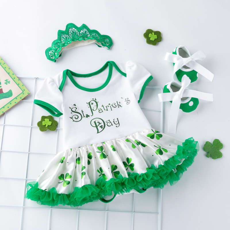 Comercio exterior ropa para bebés ropa para niños San Patricio ropa de fiesta para bebés de manga corta con estampado de mampara y vestidos de fiesta