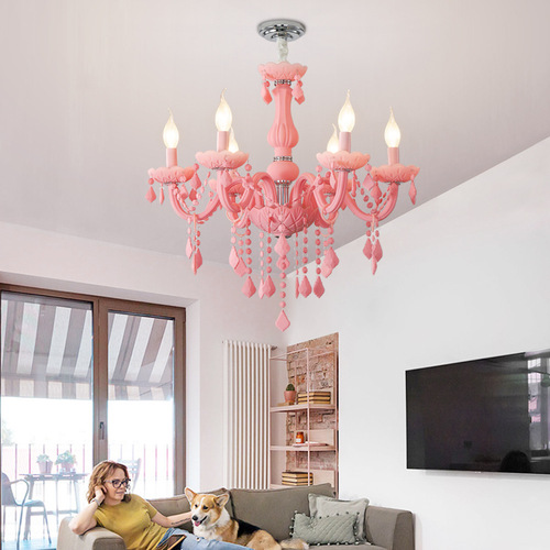 欧式粉色水晶吊灯温馨客厅儿童房卧室吊灯美容院灯马卡龙装饰灯具