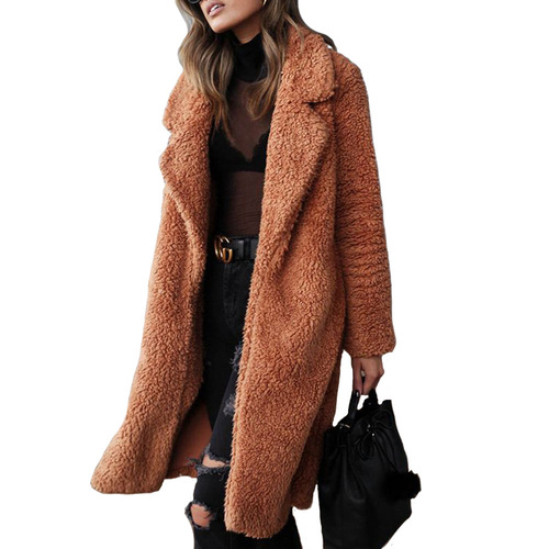 Cross-border European and American fashion women's autumn/winter new arrival solid-color casual stylish double-faced fleece woolen long coat/top with turn-down collar