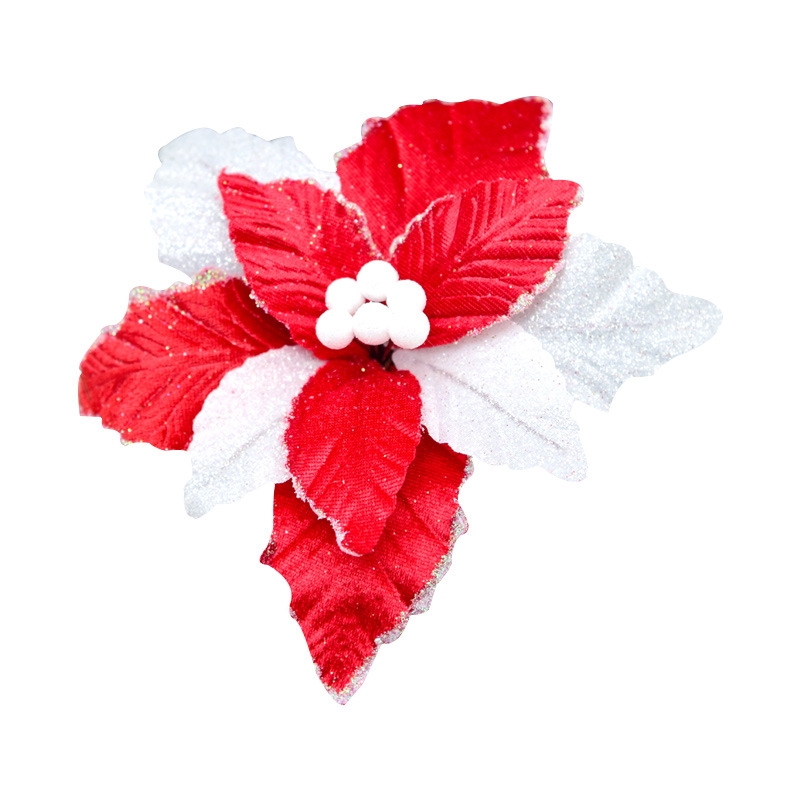 Artificial rojo y blanco Flor de Navidad flor falsa tela de malla flor artificial árbol de Navidad decoración colgante Flor de Navidad
