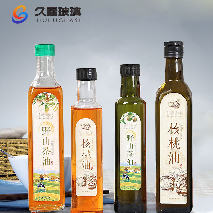 方形透明橄榄油瓶子空瓶玻璃瓶带盖500ml圆形山茶油核桃油瓶定制