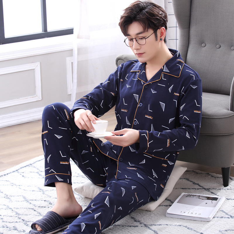 New Long Sleeve Cotton Spring Men's Pajamas Cotton Thin Comfortable and Atmospheric Middle-aged and Young People's Home Clothes Men's Suit