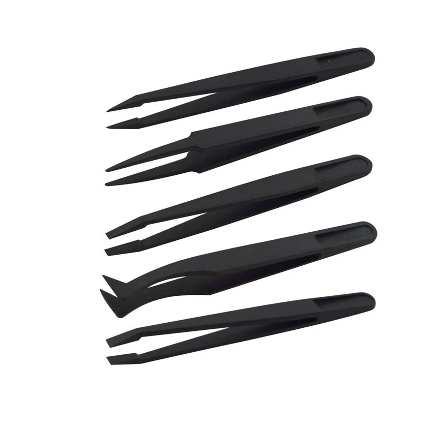 Черный антистатический пластиковый пинцет для очистки от пыли пинцет из углеродного волокна с острым плоским локтем и круглой головкой с широким ртом и плоской головкой