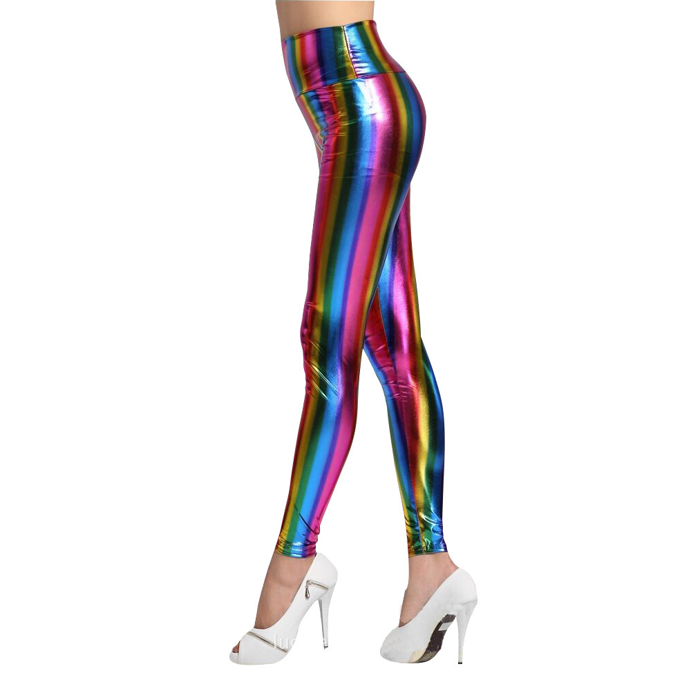 Europa y América nueva sexy de las mujeres del arco iris bronceado imitación cuero leggings rayas adelgazamiento Delgado alta cintura más tamaño Pantalones