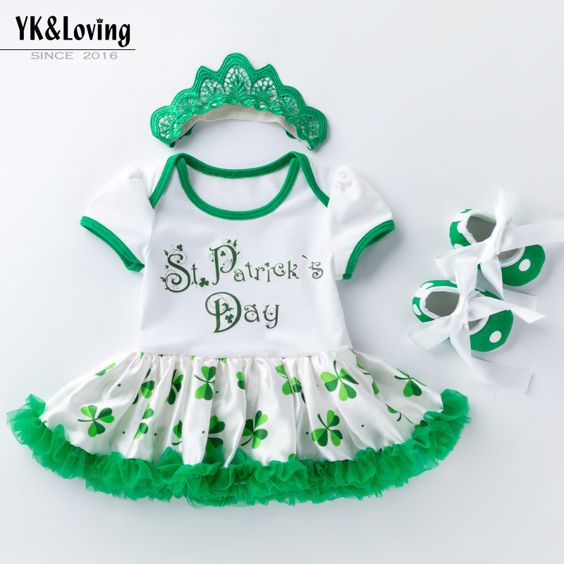 Comercio exterior ropa para bebés ropa para niños San Patricio ropa de fiesta para bebés de manga corta con estampado de mampara y vestidos de fiesta