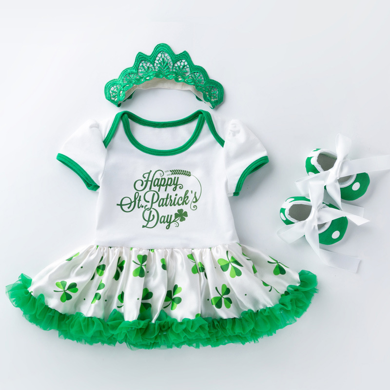Comercio exterior ropa para bebés ropa para niños San Patricio ropa de fiesta para bebés de manga corta con estampado de mampara y vestidos de fiesta