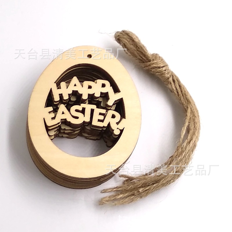 Huevo hueco tallado feliz Pascua colgante decorativo de madera 10 piezas un paquete con cuerda de cáñamo
