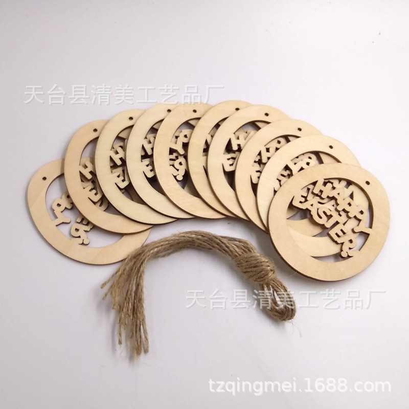 Huevo hueco tallado feliz Pascua colgante decorativo de madera 10 piezas un paquete con cuerda de cáñamo