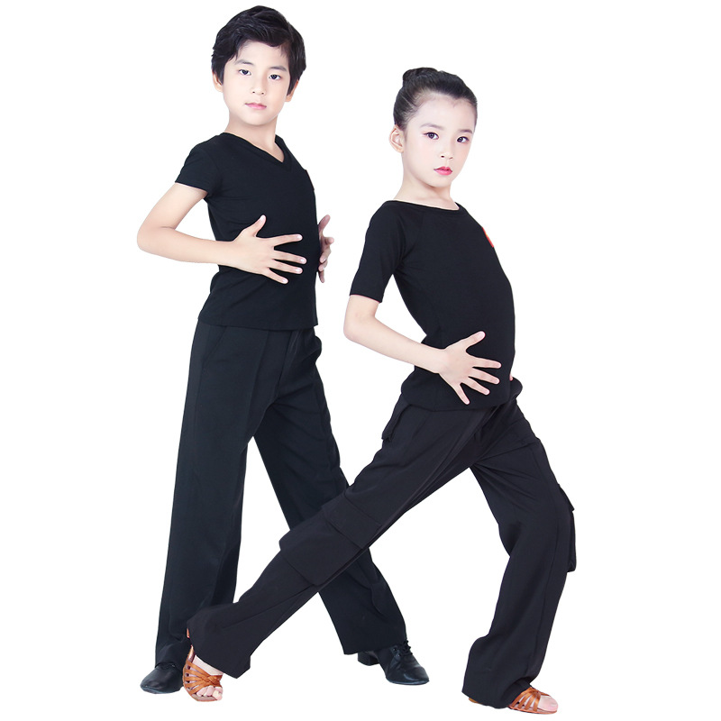En stock Ropa de baile latino pantalones latinos para niños ropa de práctica estándar para niños y niñas camisa de manga corta negra