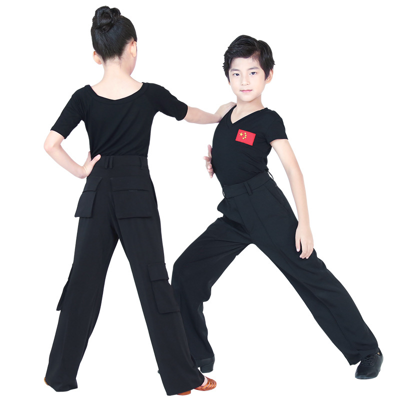 En stock Ropa de baile latino pantalones latinos para niños ropa de práctica estándar para niños y niñas camisa de manga corta negra