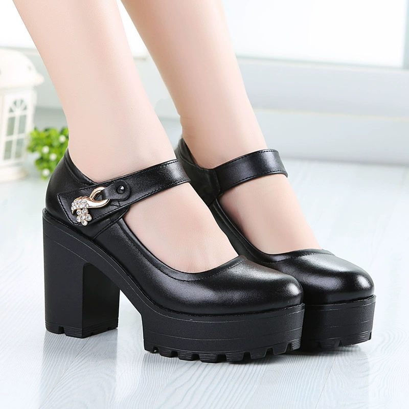 Женские подиумные туфли на высоком каблуке, весна 2024, новый стиль, рабочая обувь на неглубоком толстом каблуке, женская обувь с круглым носком и толстой подошвой, туфли для выступлений, туфли Cheongsam