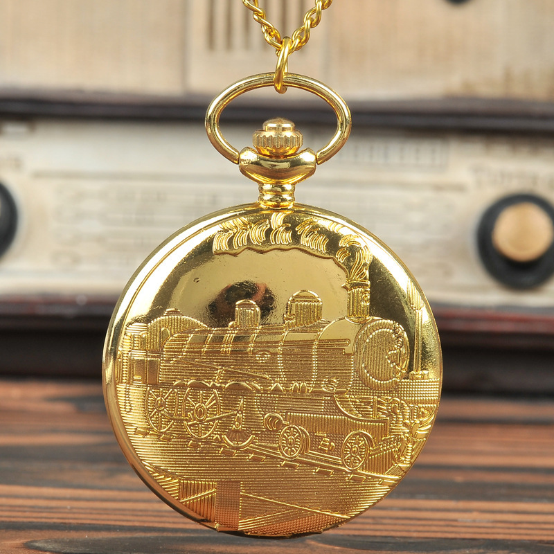 Large gold locomotive pocket watch retro Gold Line locomotive pattern pocket watch manufacturers wholesale 9053