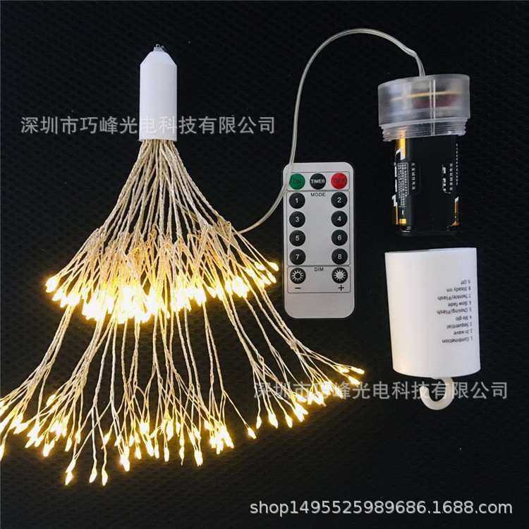 Nuevo en stock led4aa ocho funciones de control remoto caja de la batería explosión de luz fuegos artificiales forma cobre alambre cadena luces Navidad Decoración