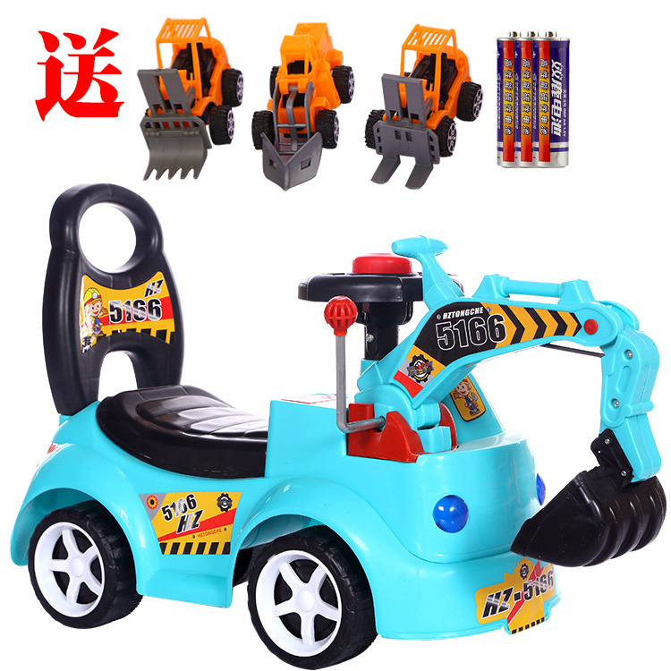 Entrega de una pieza Excavadora eléctrica para niños Excavadora de cuatro ruedas Coche oscilante Coche deslizante de ingeniería con música ligera