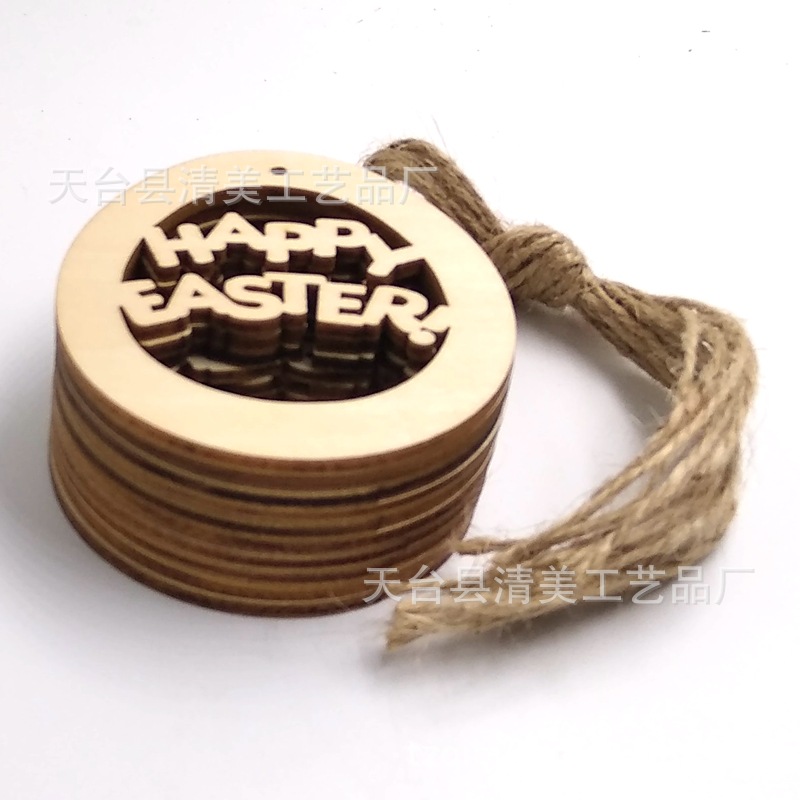 Huevo hueco tallado feliz Pascua colgante decorativo de madera 10 piezas un paquete con cuerda de cáñamo