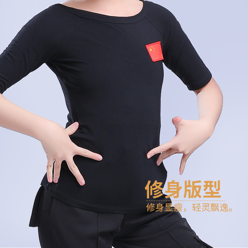 En stock Ropa de baile latino pantalones latinos para niños ropa de práctica estándar para niños y niñas camisa de manga corta negra