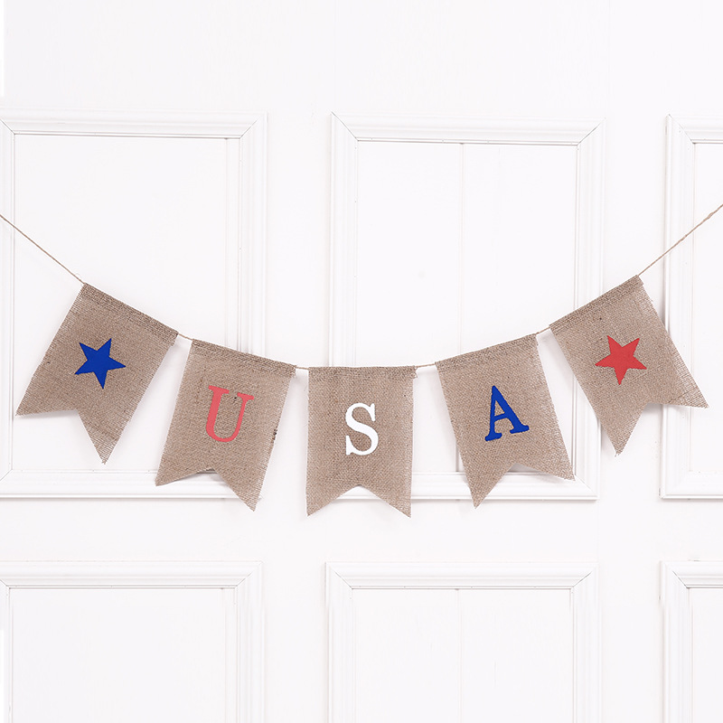 厂家直销 美国国庆节拉花拉旗麻布 彩色USA麻布燕尾旗