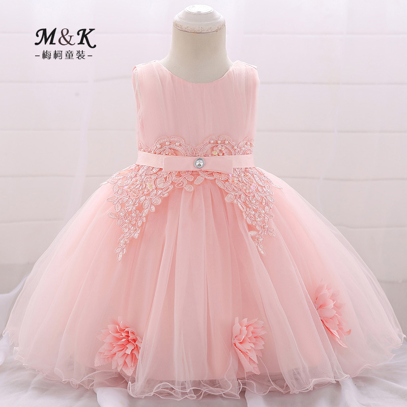 Amazon Wish New Baby Dress Pink Baby One-Year-Old Flower Princess Dress with Diamond Ribbon Flower Girl Wedding Dress