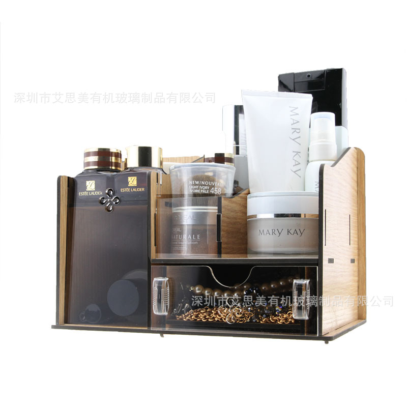 亚克力高档化妆品收纳盒/木质和亚克力桌面珠宝收纳盒生产工厂