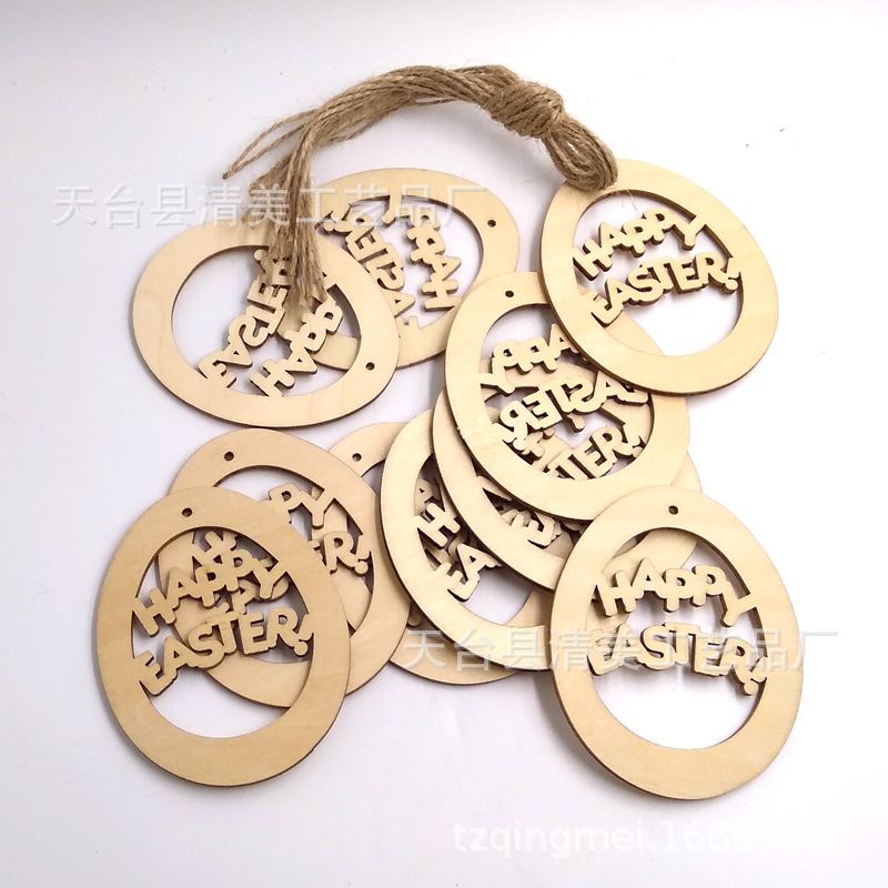 Huevo hueco tallado feliz Pascua colgante decorativo de madera 10 piezas un paquete con cuerda de cáñamo