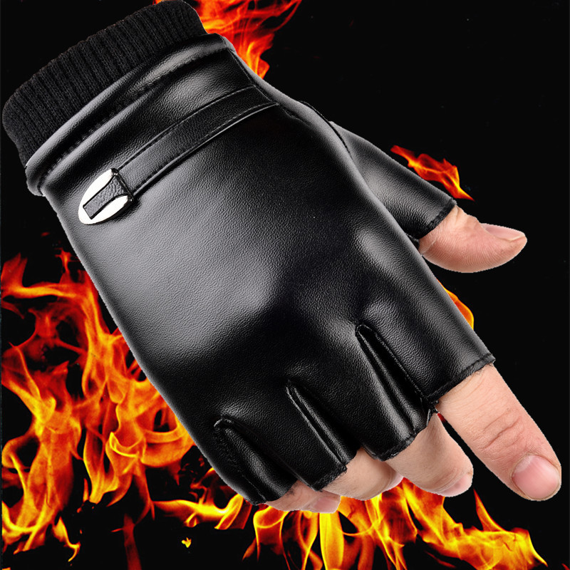 时尚新款男秋冬季加绒仿皮半指手套加绒防风开车手套柔软保暖手套