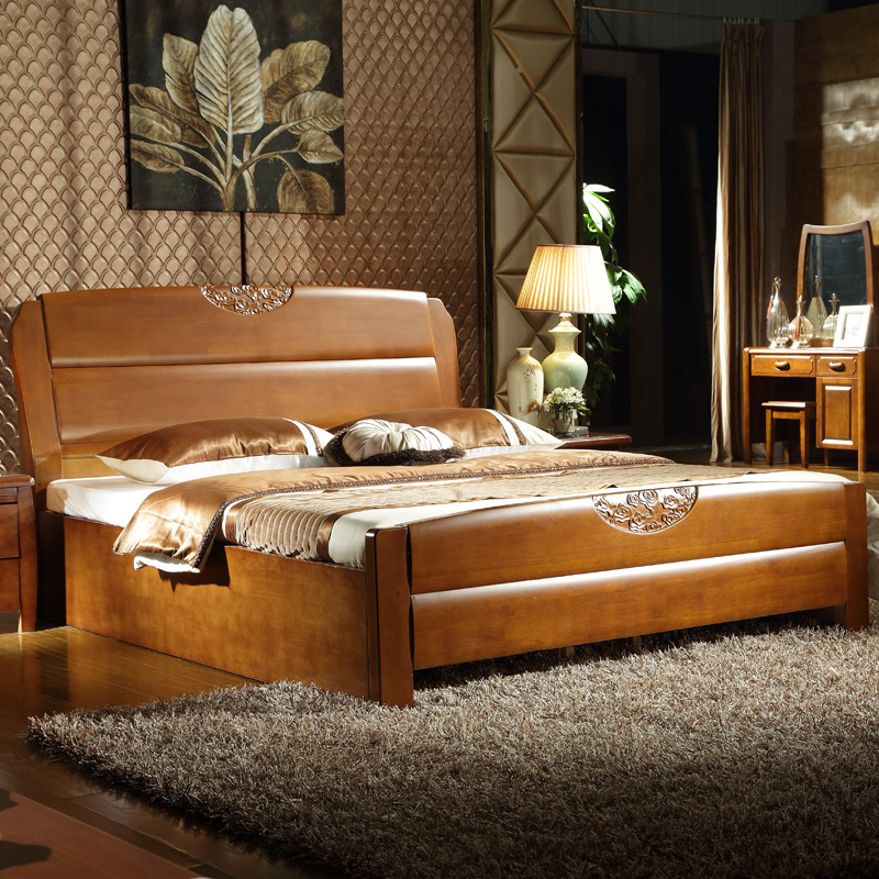 实木床现代简约中式橡胶木经济型主卧室1.5高箱1.8米大双人床婚床