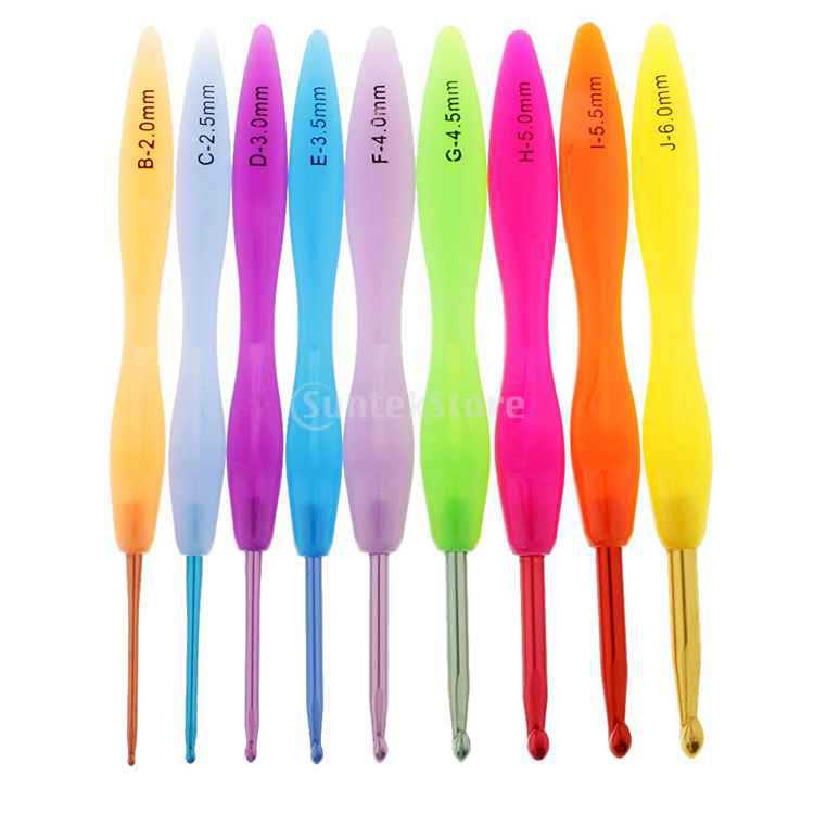 Herramientas de ganchillo ABS Arco Iris plástico mango alúmina ganchillo un conjunto de 9 bolsas