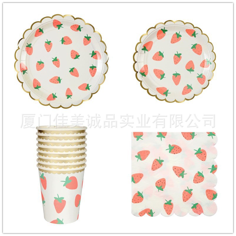 New disposable cute fruit pattern strawberry paper plate children's birthday cake plate gilding lace plate