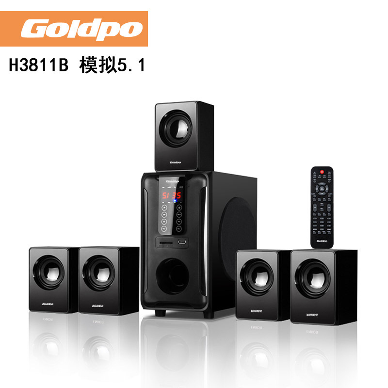 Goldpo H3811B Bluetooth 5.1 Home Theater Speaker Wooden Subwoofer Audio Full English Version with Remote Control