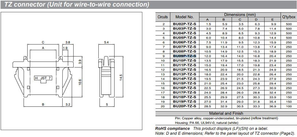 BU09P-TZ-S ��ɫ���� ����������� JST  9pin���� ѹ�Ŷ���