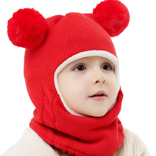 Wholesale Winter Princess Mother Ear Hat for Boys and Girls, Ball Shape, Thick Knit Hat, Warm, Hooded Scarf - Item 5387