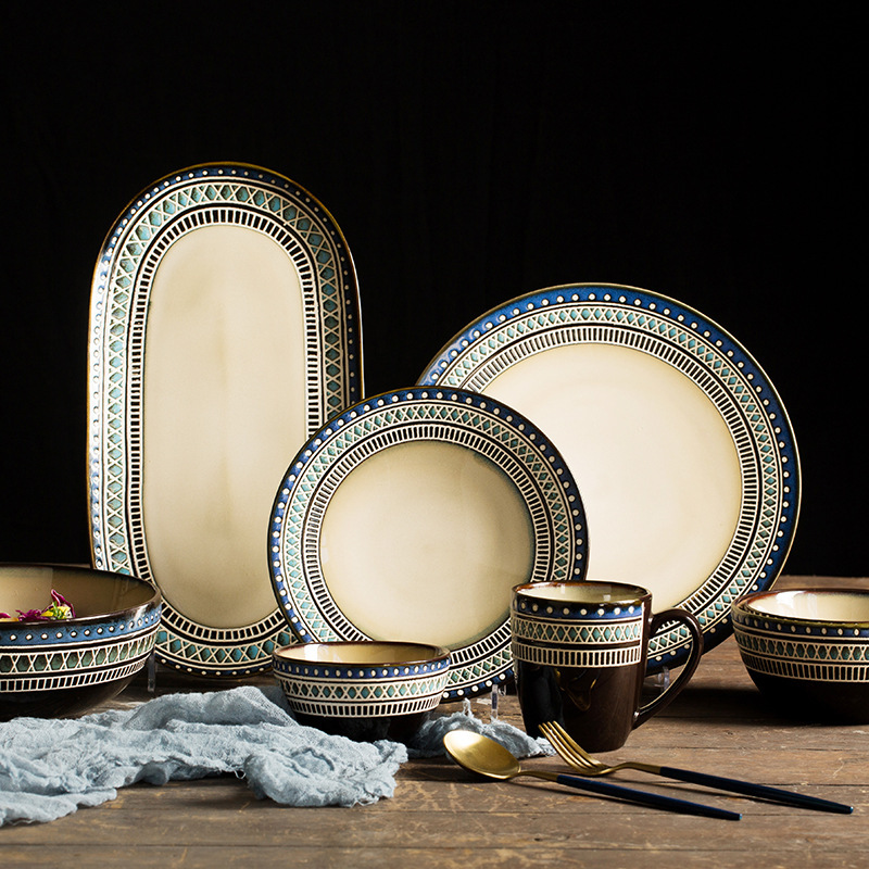 Nordic Embossed Pattern Creative Ceramic Tableware Household Set Dish Spaghetti Plate Noodle Soup Bowl Rice Bowl Fish Plate Large Bowl