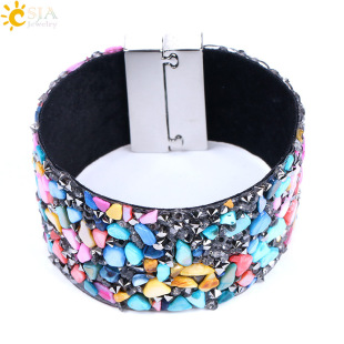 European and American natural gravel shell wide punk rock bracelet magnet buckle fashion women's personality winding bracelet hand row
