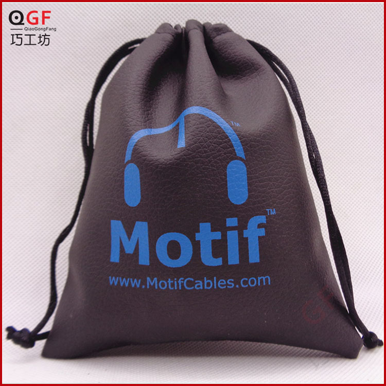 厂家生产pu皮束口袋拉绳袋子高档耳机皮革包装袋拉链印刷logo