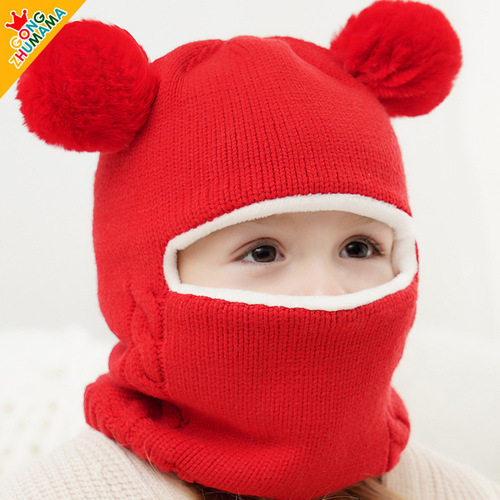 Wholesale Winter Princess Mother Ear Hat for Boys and Girls, Ball Shape, Thick Knit Hat, Warm, Hooded Scarf - Item 5387