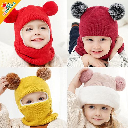 Wholesale Winter Princess Mother Ear Hat for Boys and Girls, Ball Shape, Thick Knit Hat, Warm, Hooded Scarf - Item 5387