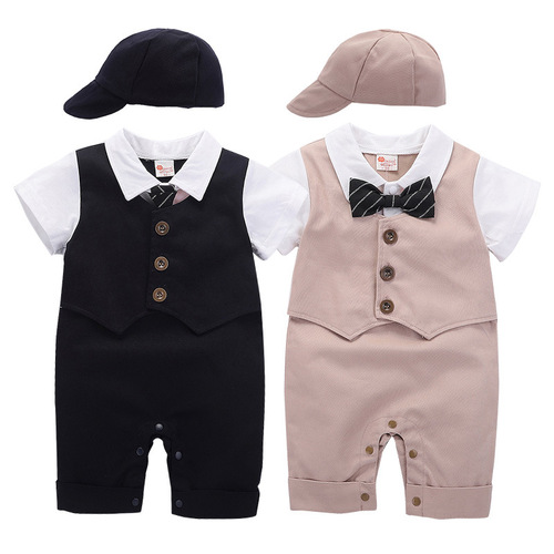 Wholesale children's summer short-sleeve diaper cover crawling suit for boys with hats, one-piece baby clothes