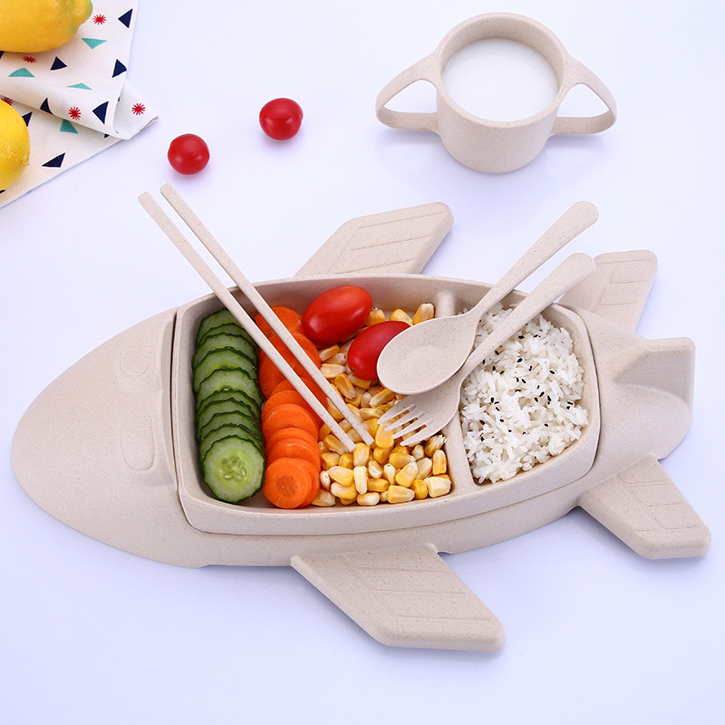 Plato de almuerzo de avión juego de seis piezas de dibujos animados de trigo jardín de infantes plato de comida para bebés vajilla de suplemento alimenticio para niños con taza, cuchillo, tenedor y cuchara image 14