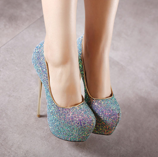 Foreign trade large size 46 thin heel women's shoes 2023 Spring and Autumn New European and American shiny sequins thick-soled single-layer shoes high-heeled shoes