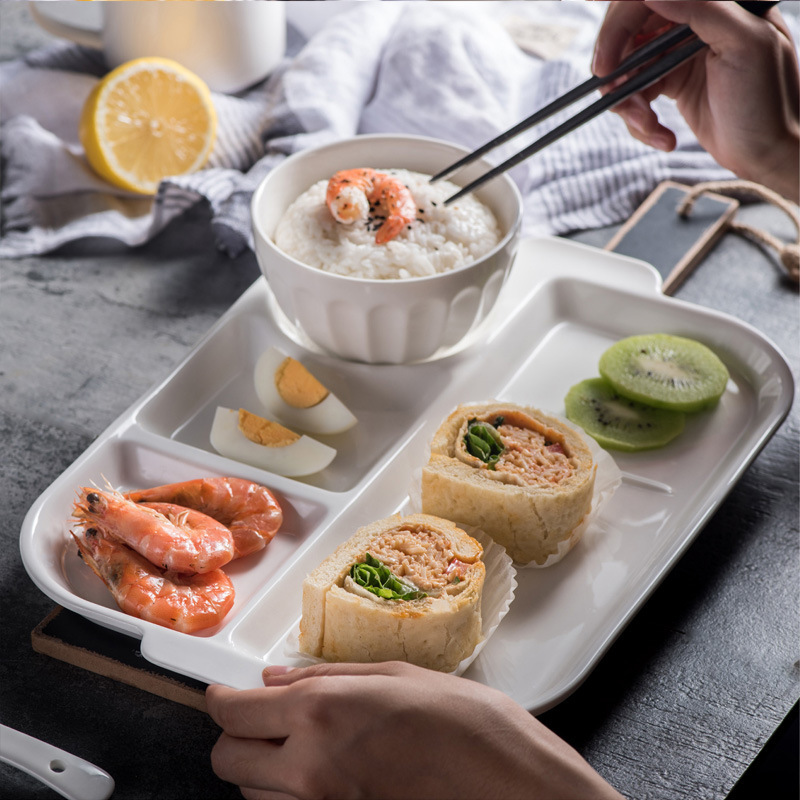 Solid Color Square Ceramic Plate Multi-Grid Breakfast Serving Plate Company Canteen Lunch Dish Set