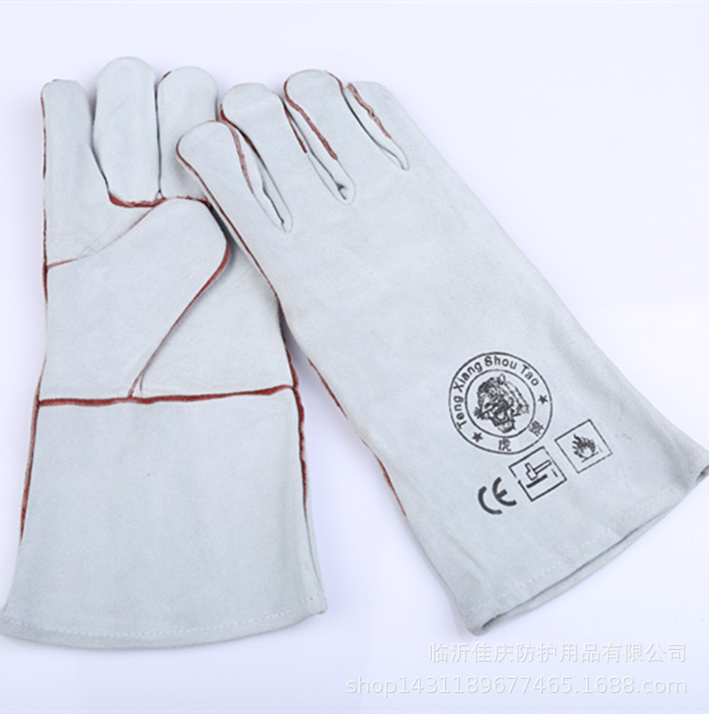 批发防阻燃本色双层牛皮加长加厚防火耐磨焊工劳保防护焊接手套