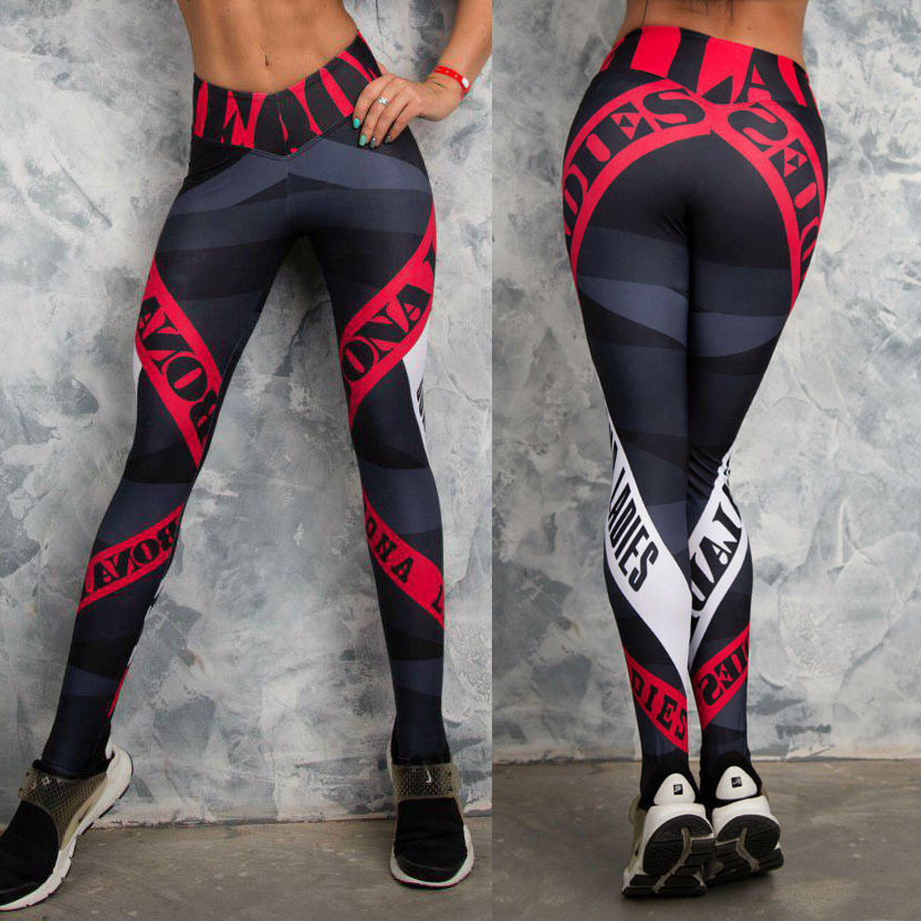 New European & American Style Letter-Strip Digital Print Yoga Pants, High Waist, Butt Lifting, Stretchy Activewear_desvips.com