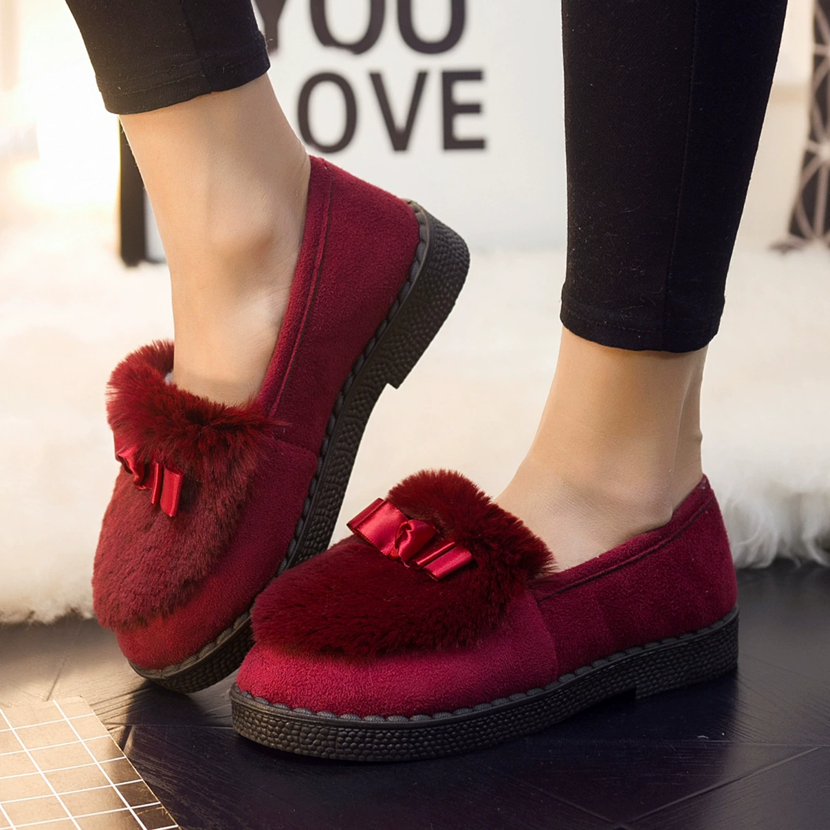 Demi‑season warm slippers, PVC upper, suede‑effect and faux‑fur trim, Korean style, sizes 36–40