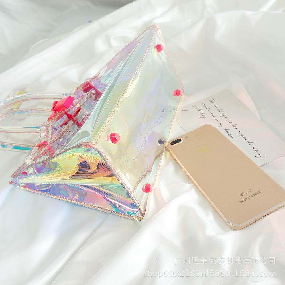 厂家直供新款透明大容量手提包幻彩PVC单肩包ins流行出行包购物袋