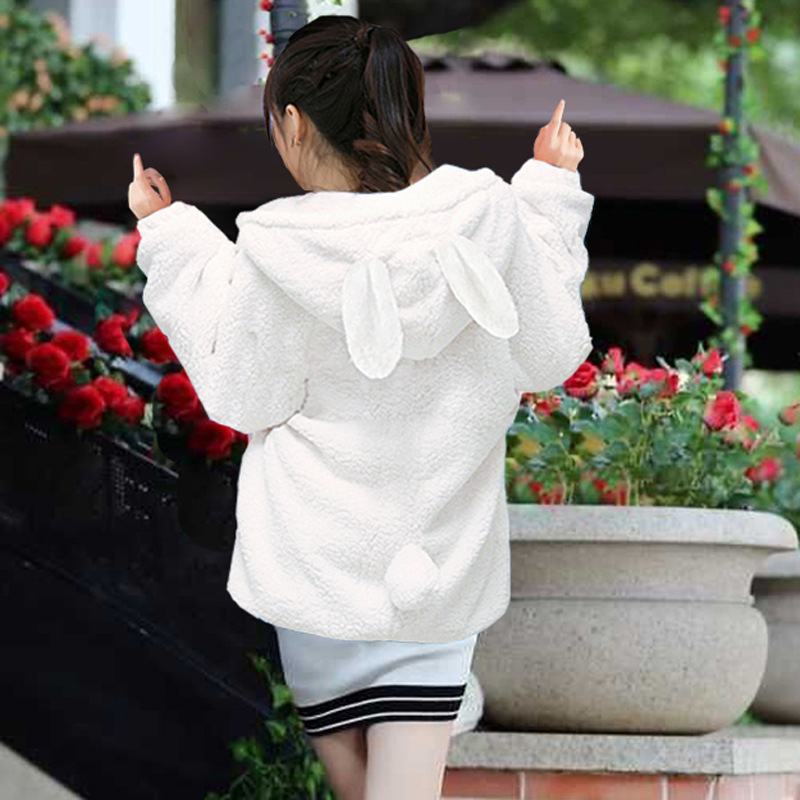 Winter Clothing in Stock Rabbit Ear Sweatshirt Women's Velvet Thickeneded Cardigan Bear Cute Plush Outwear Zipper Loose Style