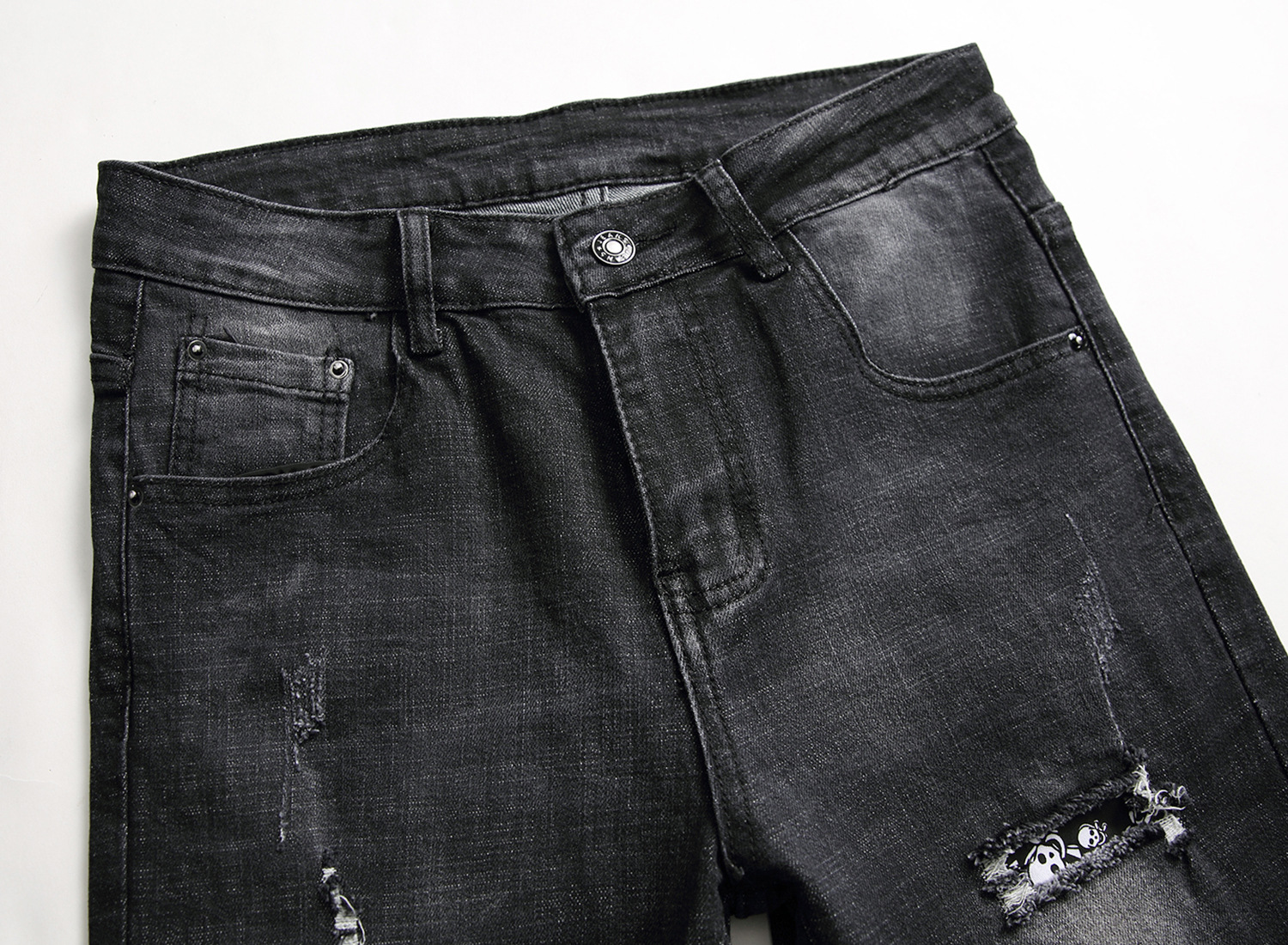 Pantaloni da uomo elastici neri di alta qualità con toppe rovinate, pantaloni da uomo personalizzati e alla moda_voghion.com