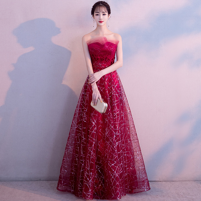 Bride's Toast Dress 2026 New Winter and Autumn Red Strapless Engagement Wedding Banquet Evening Dress Feminine Long Style