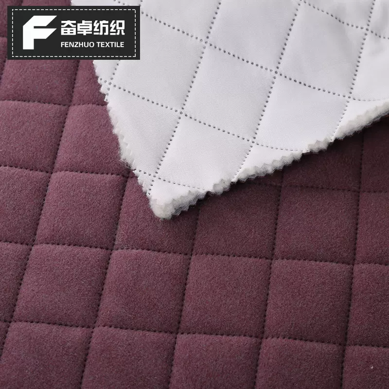 现货春亚纺针织布绗缝棉服面料 加厚保暖格子大衣里料可拿样